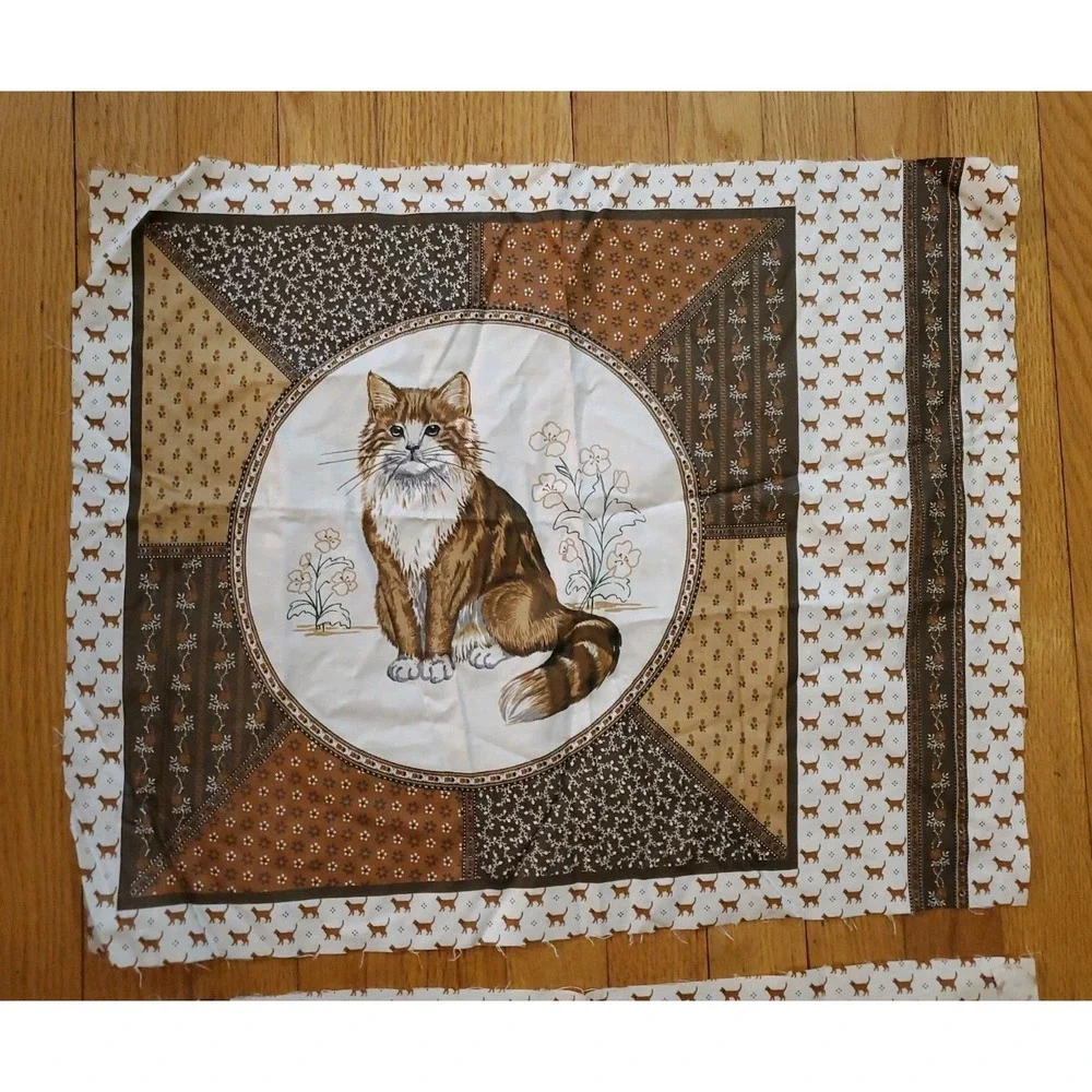 VIP Cranston Green Eye Cat Cut Outs Fabric Panel Cut & Sew Brown Panel Lot Of 2